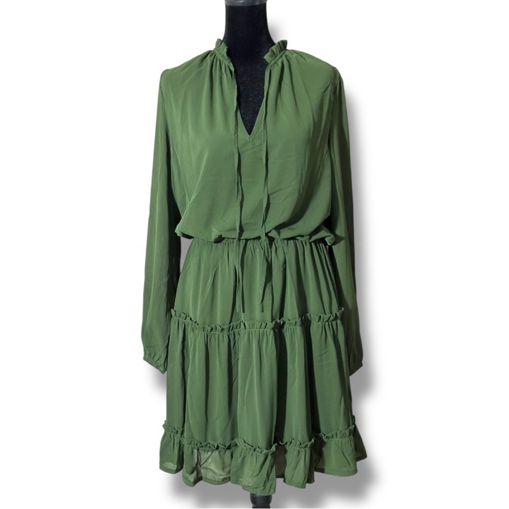 Amazon Army Green Ruffled Tiered V Neck Tie Loose Fit Long Sleeve Mini Sundress - Picture 4 of 16